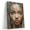 Woman's fragmented portrait across wood planks with blue eyes, warm tan and earthy tones, bold mixed-media canvas wall art