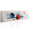 Bold abstract circles in vivid red and dark steel blue with geometric grid lines, panoramic canvas wall art