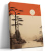 Burnt orange sky with white disc over misty pine and lake landscape, japandi style wall art for living room