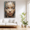 Woman's fragmented portrait across wood planks with blue eyes, warm tan and earthy tones, bold mixed-media canvas wall art