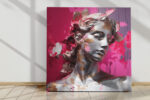 Silver-grey classical bust with fragmented pink paint shards and floral elements, bold digital art canvas for living room