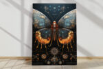Mechanical butterfly with gear-filled wings in burnt orange and navy, steampunk illustration canvas for home office