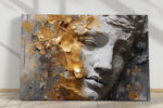 Classical Greco-Roman sculpted face with gold leaf fragments and paint drips, dramatic mixed-media canvas wall art