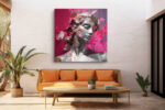 Silver-grey classical bust with fragmented pink paint shards and floral elements, bold digital art canvas for living room