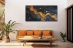 Fluid amber and gold wave forms on near-black navy, moody art deco abstract panoramic canvas for living room