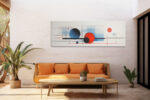 Bold abstract circles in vivid red and dark steel blue with geometric grid lines, panoramic canvas wall art