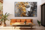 Classical Greco-Roman sculpted face with gold leaf fragments and paint drips, dramatic mixed-media canvas wall art
