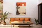 Burnt orange sky with white disc over misty pine and lake landscape, japandi style wall art for living room