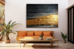 Abstract dark navy and amber gold clouds with metallic bars, dramatic mixed-media canvas for living room