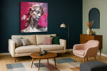 Silver-grey classical bust with fragmented pink paint shards and floral elements, bold digital art canvas for living room