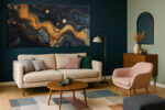 Fluid amber and gold wave forms on near-black navy, moody art deco abstract panoramic canvas for living room