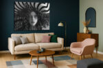 Hyper-rendered female face with spiral curls and op-art stripes, black and white digital art portrait canvas print