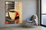 Duotone coffee cup collage in burnt orange and near black, mixed-media contemporary canvas print for kitchen or home office