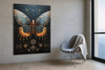 Mechanical butterfly with gear-filled wings in burnt orange and navy, steampunk illustration canvas for home office