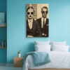 Two suited figures with halftone faces in warm sepia tones, retro collage mixed-media wall art for home office