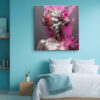 Silver-grey female bust with magenta paint splashes, digital art portrait canvas for contemporary living room or bedroom