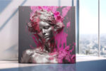 Silver-grey female bust with magenta paint splashes, digital art portrait canvas for contemporary living room or bedroom