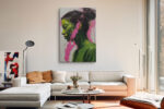 Woman's profile portrait in forest green with magenta paint drips, bold contemporary oil painting canvas for living room
