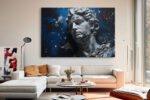 Fractured classical marble bust in navy blue and cool grey, dramatic digital art canvas for living room or home office