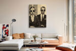 Two suited figures with halftone faces in warm sepia tones, retro collage mixed-media wall art for home office