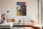 Bold abstract acrylic with deep crimson, ochre gold, and near-black paint blocks, moody expressionist wall art canvas