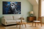 Fractured classical marble bust in navy blue and cool grey, dramatic digital art canvas for living room or home office