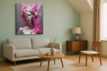 Silver-grey female bust with magenta paint splashes, digital art portrait canvas for contemporary living room or bedroom