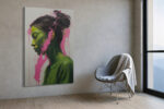 Woman's profile portrait in forest green with magenta paint drips, bold contemporary oil painting canvas for living room