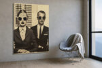 Two suited figures with halftone faces in warm sepia tones, retro collage mixed-media wall art for home office