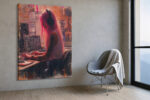 Tattooed pink-haired woman at mixing console, warm rose and burnt orange tones, contemporary portrait canvas art