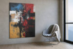 Bold abstract acrylic with deep crimson, ochre gold, and near-black paint blocks, moody expressionist wall art canvas