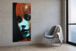 Cyan-lit halftone portrait with vivid orange dome pattern, high-contrast digital art canvas for living room or home office