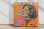 Woman's side-profile portrait in vivid orange and charcoal, exhaling smoke, mixed media contemporary canvas wall art