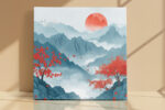 Red-blossomed trees and faceted red sun over layered teal mountain ridges, digital art canvas for living room