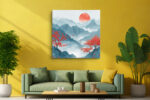 Red-blossomed trees and faceted red sun over layered teal mountain ridges, digital art canvas for living room