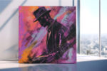 Man in fedora hat silhouette against magenta and violet brushstrokes, bold portrait digital art canvas for living room