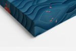 Paper-cut mountain landscape with coral red flowering trees and steel blue ridges, square canvas for living room