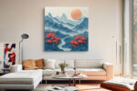 Paper-cut mountain landscape with coral red flowering trees and steel blue ridges, square canvas for living room
