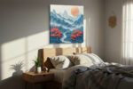 Paper-cut mountain landscape with coral red flowering trees and steel blue ridges, square canvas for living room