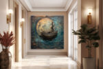 Tall sailing ship crossing a full moon in teal, bronze and gold, nautical mixed-media wall art canvas for living room