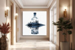 Glass bottle double-exposure forest and lake scene in dark navy and steel blue, contemporary nature canvas wall art