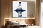 Glass bottle double-exposure forest and lake scene in dark navy and steel blue, contemporary nature canvas wall art