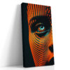 Geometric face digital art, cyan iris and vivid orange halftone patterns, bold contemporary canvas for living room