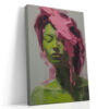 Bold female figure portrait in vivid yellow-green and pink dripping paint, expressive oil painting canvas for living room