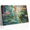 Woman in white dress among oversized water lilies, teal pond reflection, art nouveau digital art canvas for bedroom or spa