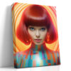 Bold female portrait with red bob and concentric halo rings in vivid red and amber, digital art canvas for living room