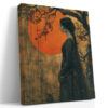 Woman in profile silhouette with crimson blossoms and orange sun, dramatic bohemian portrait canvas wall art