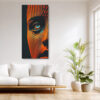 Geometric face digital art, cyan iris and vivid orange halftone patterns, bold contemporary canvas for living room