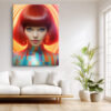 Bold female portrait with red bob and concentric halo rings in vivid red and amber, digital art canvas for living room
