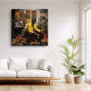 Seated figure in vivid yellow jacket with headphones, plants and boombox, bold graphic digital art canvas for living room